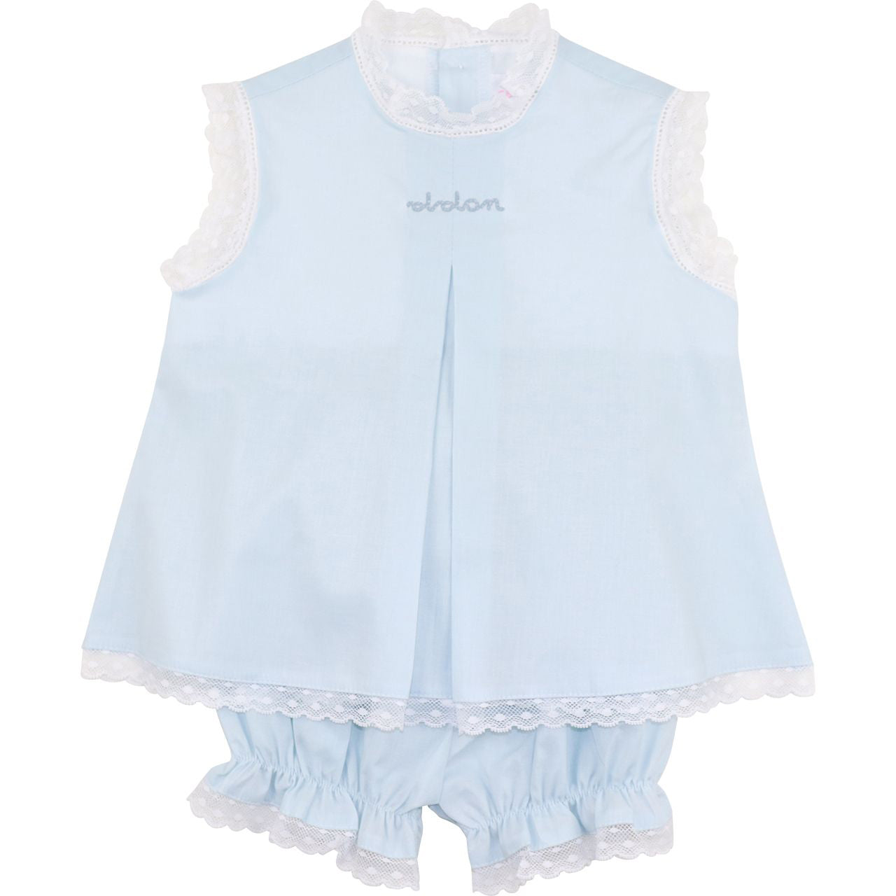 Light blue baby diaper set with white lace trim on a white background