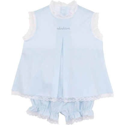 Light blue baby diaper set with white lace trim on a white background