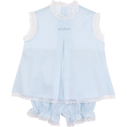 Light blue baby diaper set with white lace trim on a white background