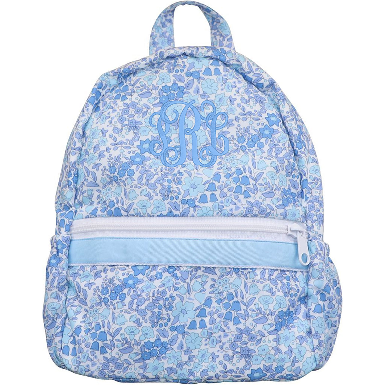 Blue floral backpack with monogram on a white background