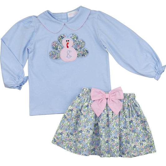 Blue Liberty Floral Applique Turkey Skirt Set