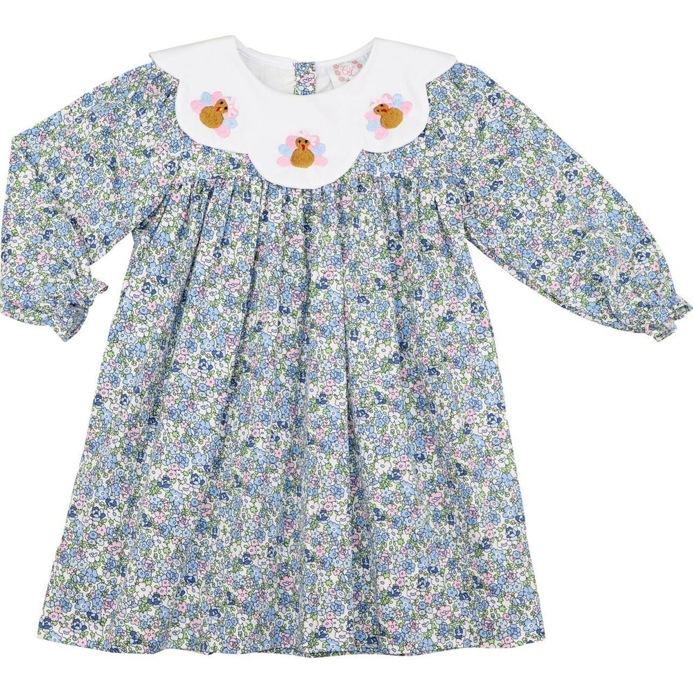 Blue floral embroidered turkey dress for toddler girls Thanksgiving outfits