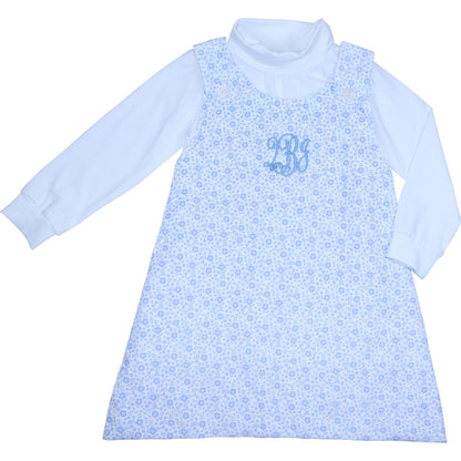 Blue floral corduroy jumper dress with white ruffle-neck turtleneck