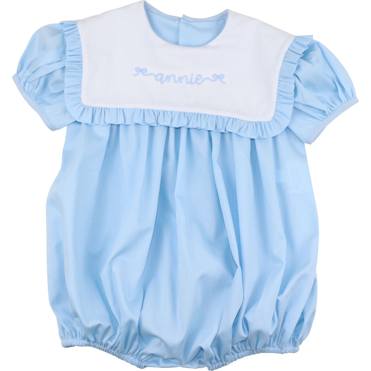 Blue Pique Square Collar Ruffle Bubble