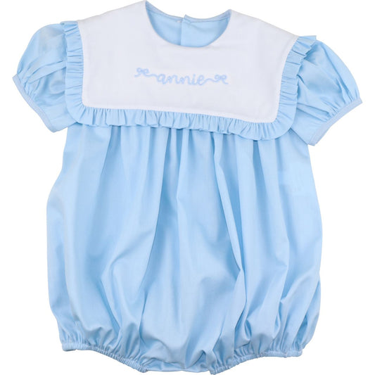 Blue Pique Square Collar Ruffle Bubble