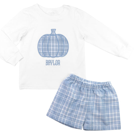 Blue Plaid Applique Pumpkin Short Set