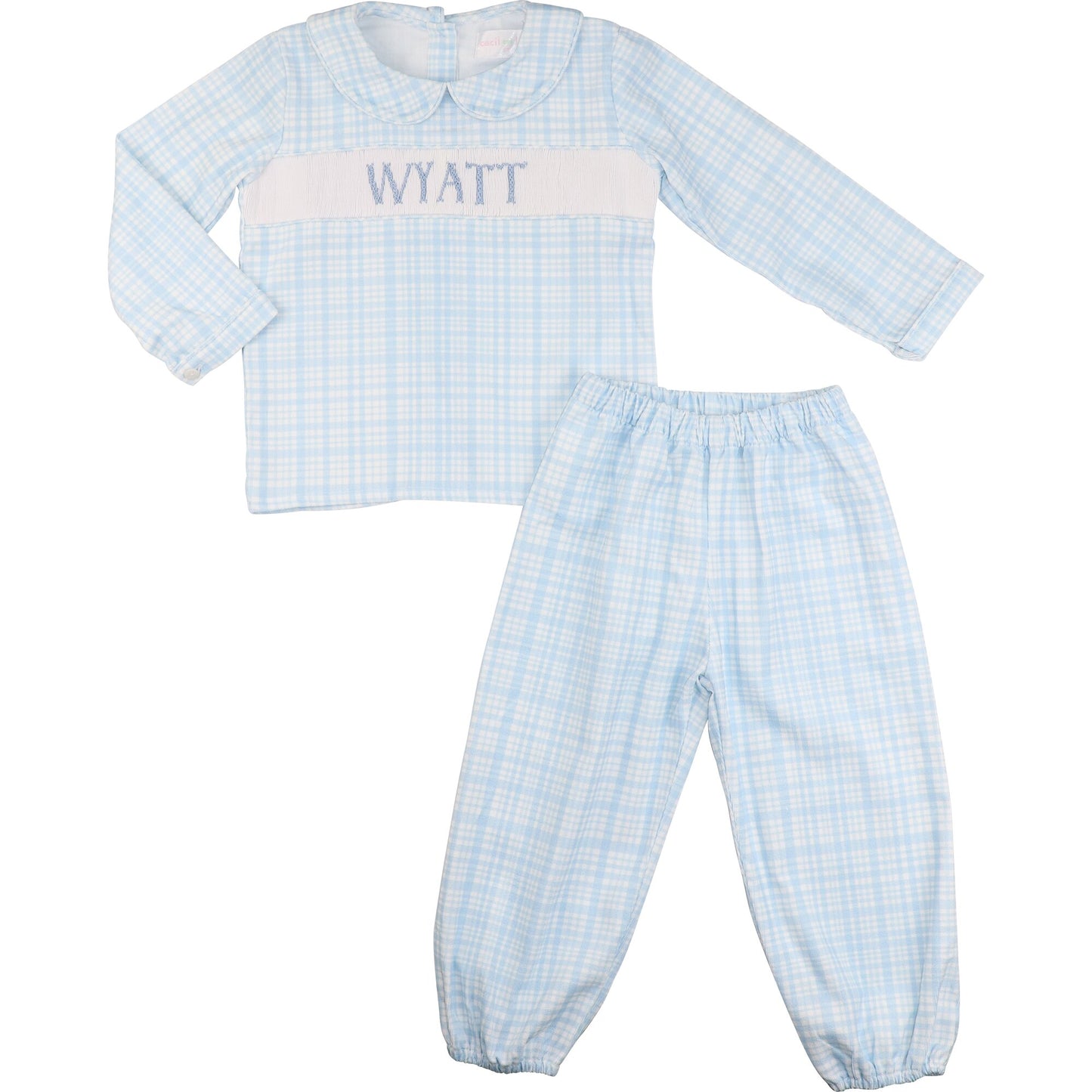Blue Plaid Corduroy Custom Smocked Ankle Pant Set