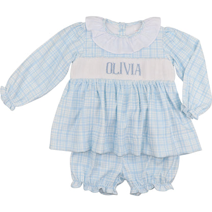 Blue Plaid Corduroy Custom Smocked Bloomer Set