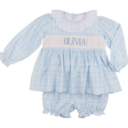 Blue Plaid Corduroy Custom Smocked Bloomer Set