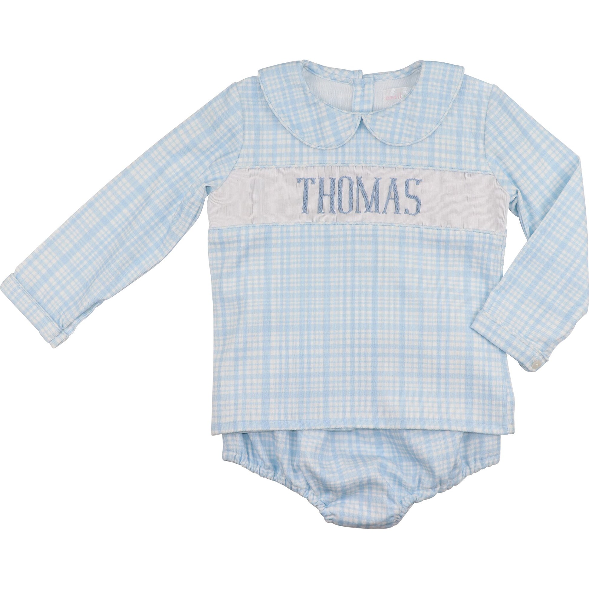 Blue Plaid Corduroy Custom Smocked Diaper Set