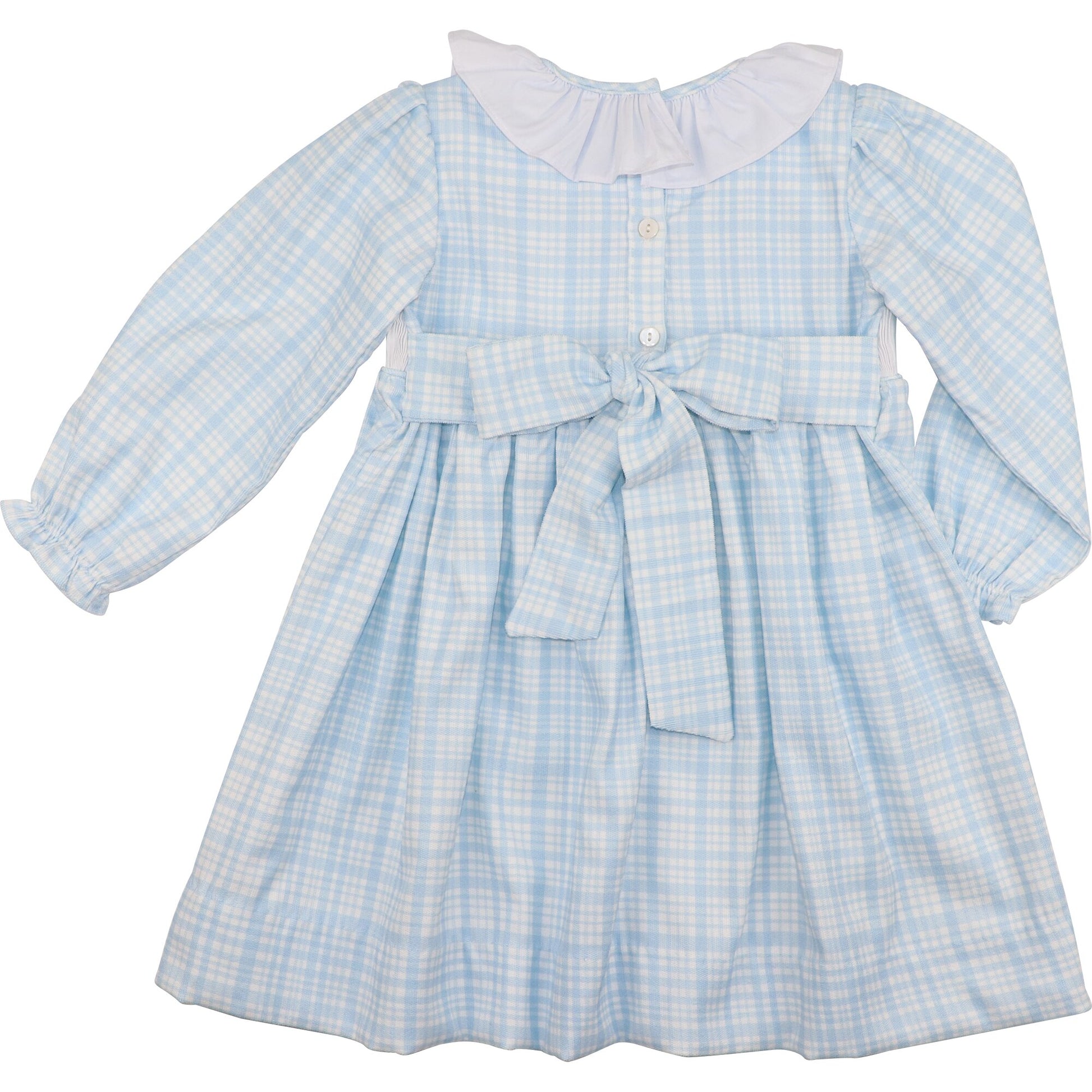 Blue Plaid Corduroy Custom Smocked Dress back view