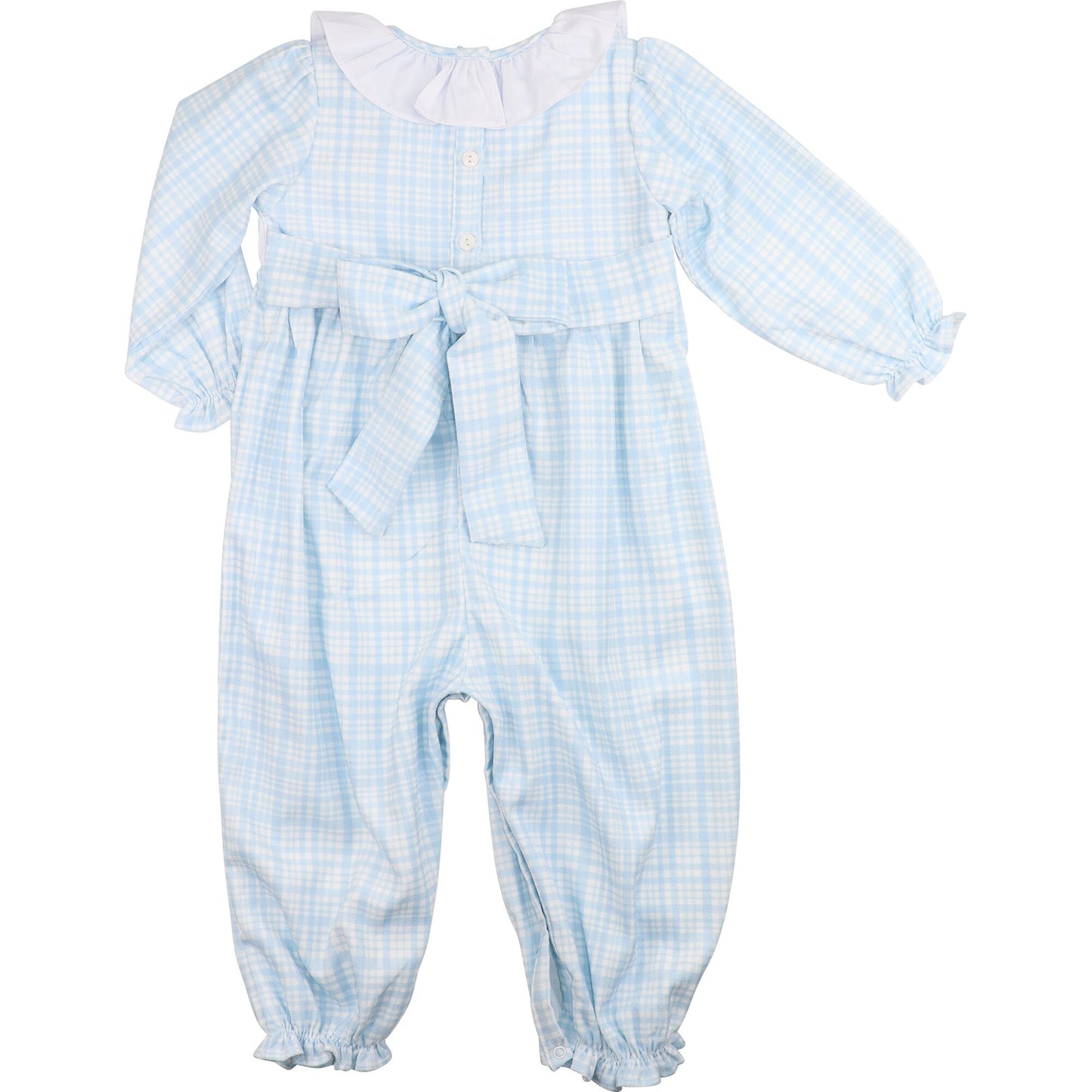 Blue Plaid Corduroy Custom Smocked Long Bubble- back view