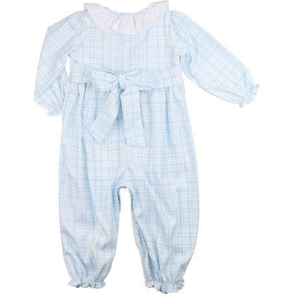 Blue Plaid Corduroy Custom Smocked Long Bubble- back view