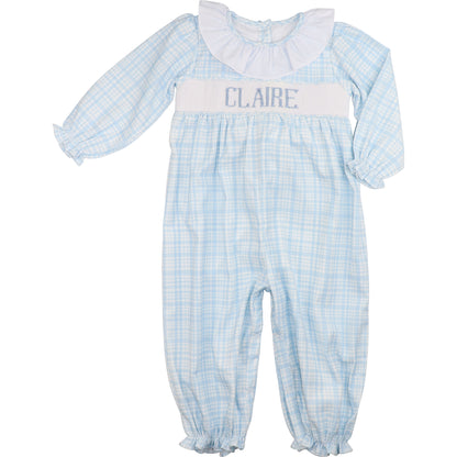 Blue Plaid Corduroy Custom Smocked Long Bubble