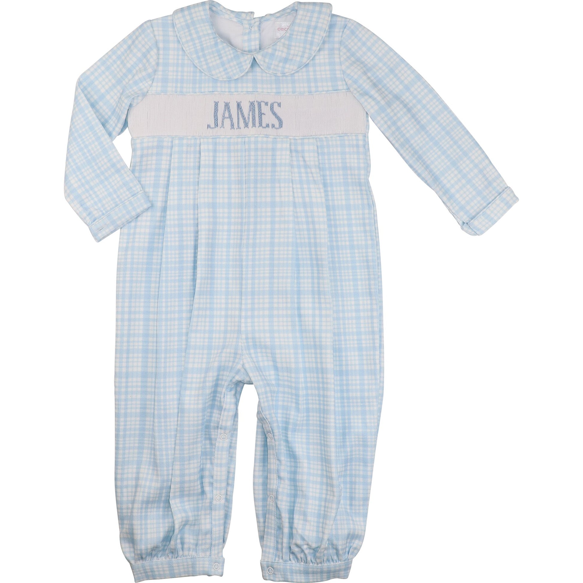 Blue Plaid Corduroy Custom Smocked Long Romper