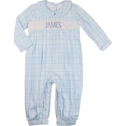 Blue Plaid Corduroy Custom Smocked Long Romper