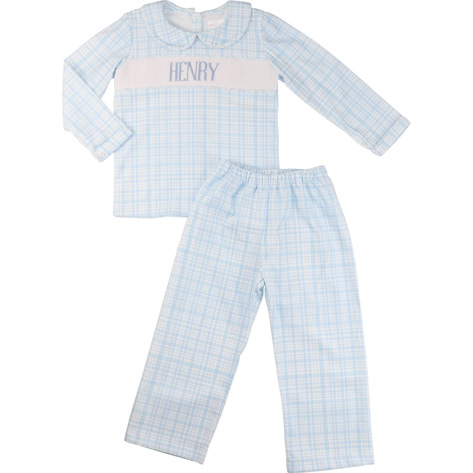 Blue Plaid Corduroy Custom Smocked Pant Set
