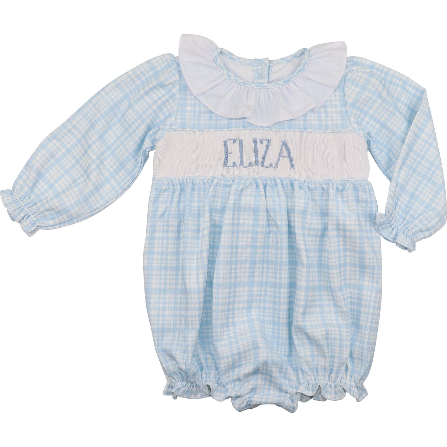 Blue Plaid Corduroy Custom Smocked Ruffle Bubble