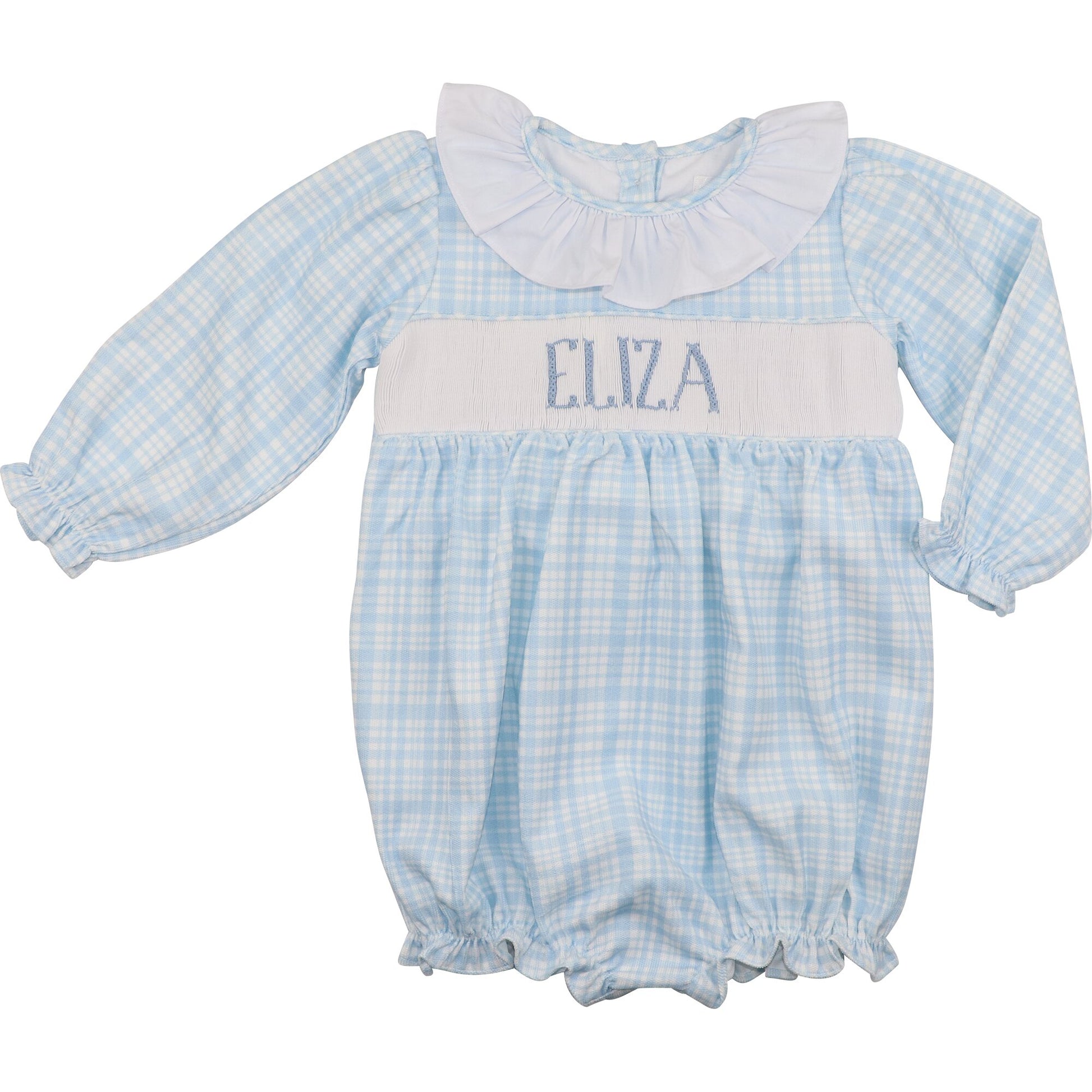 Blue Plaid Corduroy Custom Smocked Ruffle Bubble