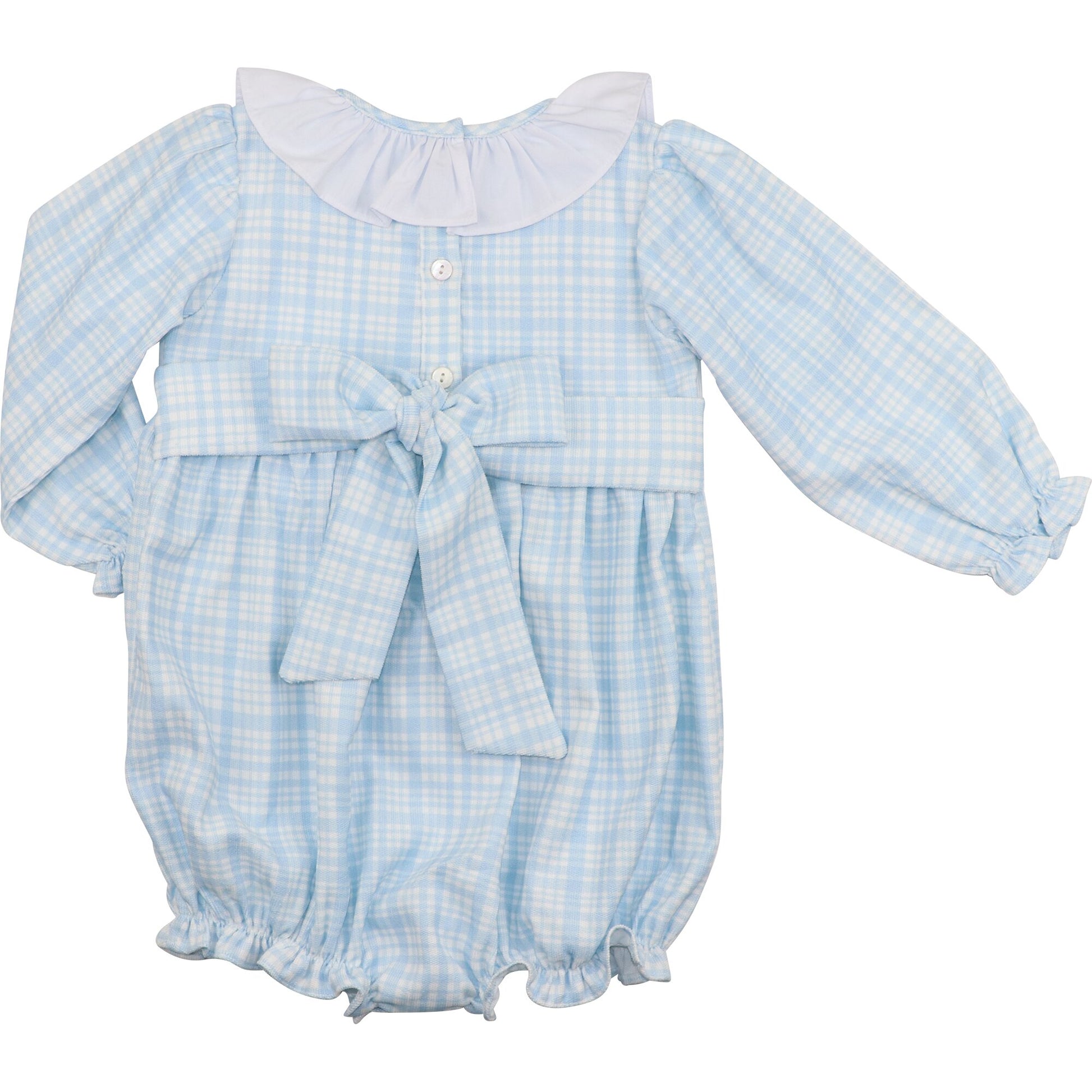 Blue Plaid Corduroy Custom Smocked Ruffle Bubble back view