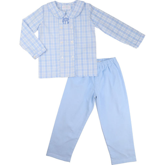 Blue Plaid Double Breasted Pant Set
