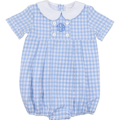 Blue checkered baby bubble with white collar on a white background