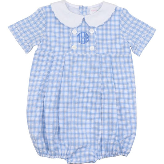 Blue checkered baby bubble with white collar on a white background