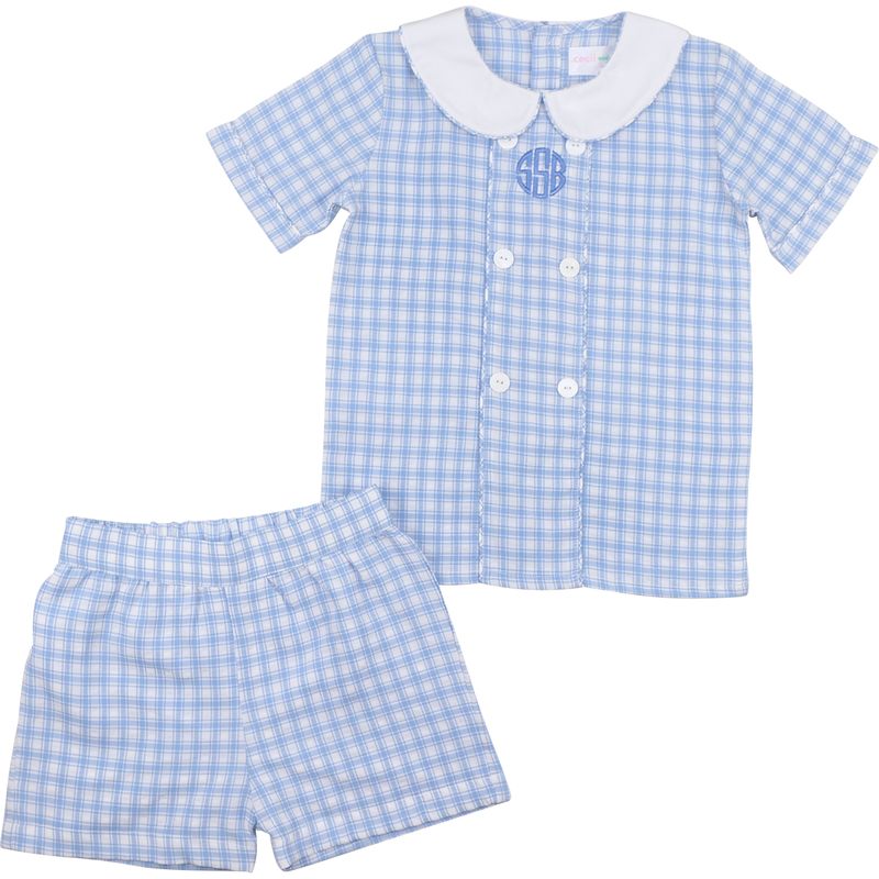 Children's blue checkered shirt and shorts set on a white background