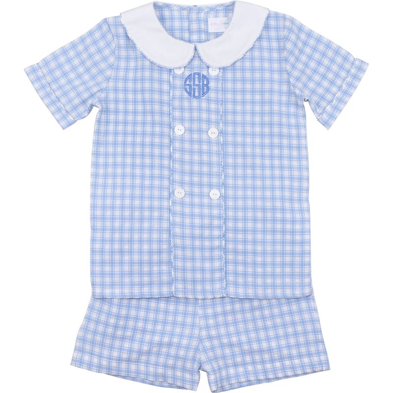 Blue checkered baby outfit with a collar on a white background