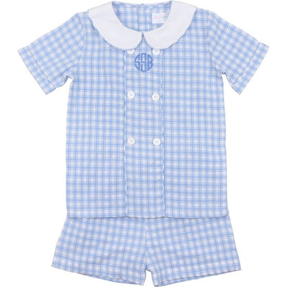 Blue checkered baby outfit with a collar on a white background