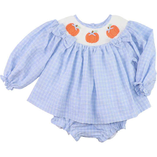 Blue Plaid Smocked Pumpkin Diaper Set