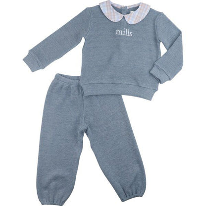 Blue Plaid Woven Sweater Pant Set
