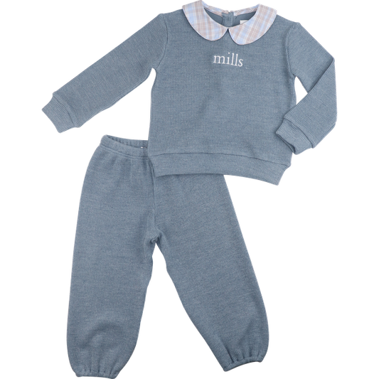 Blue Plaid Woven Sweater Pant Set