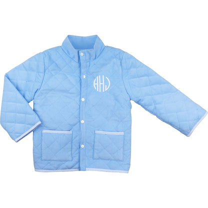 Light blue quilted jacket with a monogram on a white background
