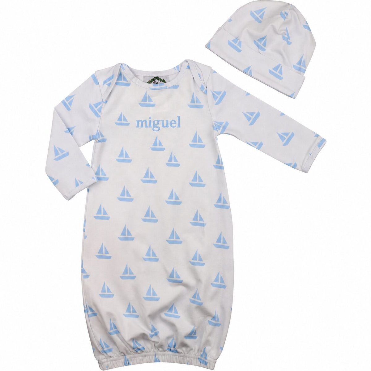 Blue Sailboat Knit Baby Gown And Beanie