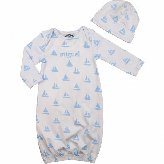 Blue Sailboat Knit Baby Gown And Beanie