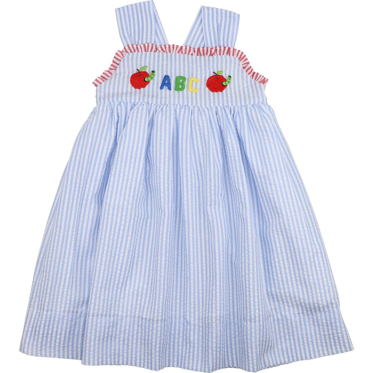 Blue Seersucker ABC Apple And Worm Dress