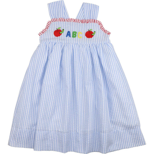 Blue Seersucker ABC Apple And Worm Dress