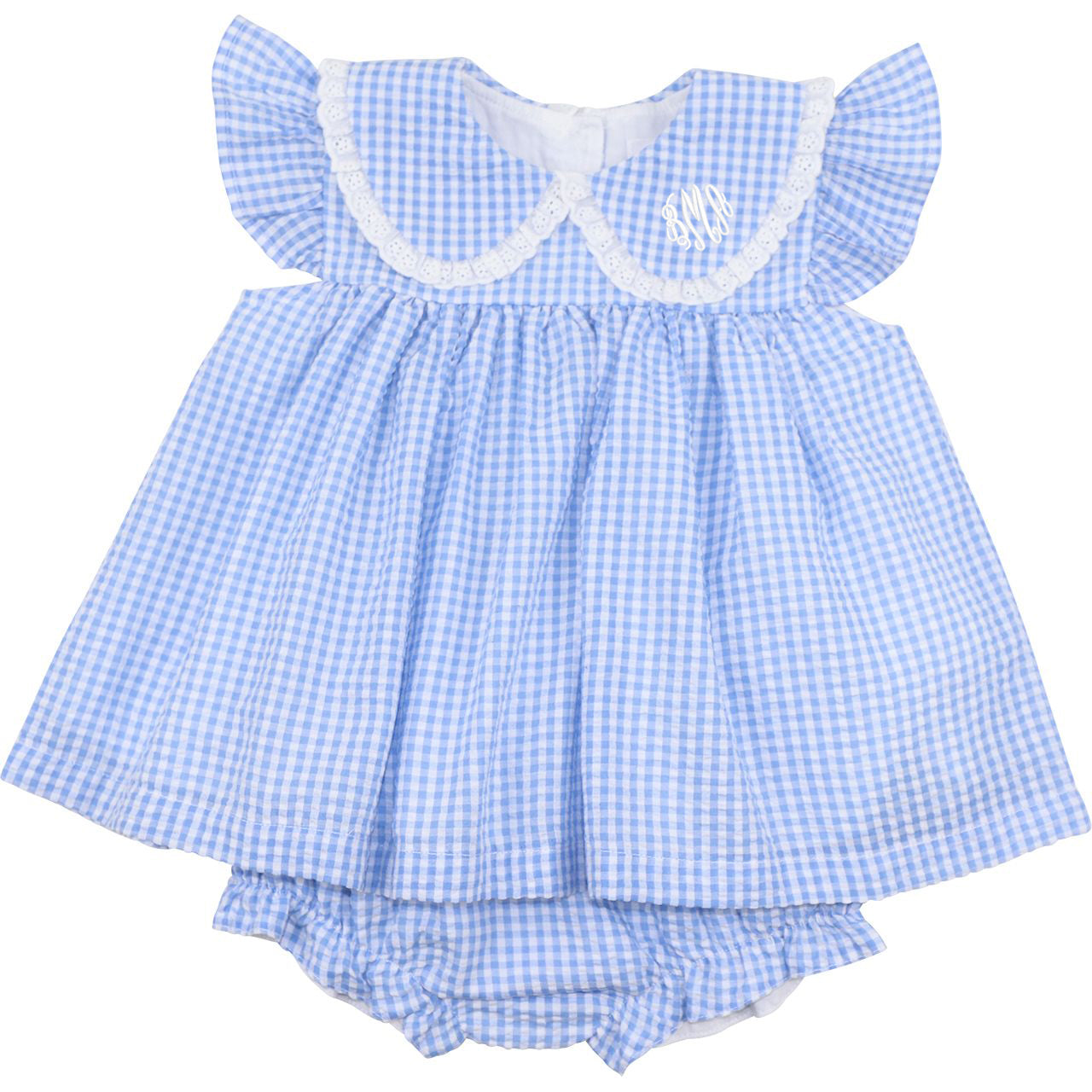 Blue Seersucker Angel Sleeve Diaper Set1