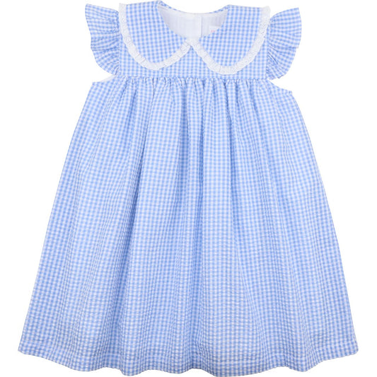 Blue Seersucker Angel Sleeve Dress