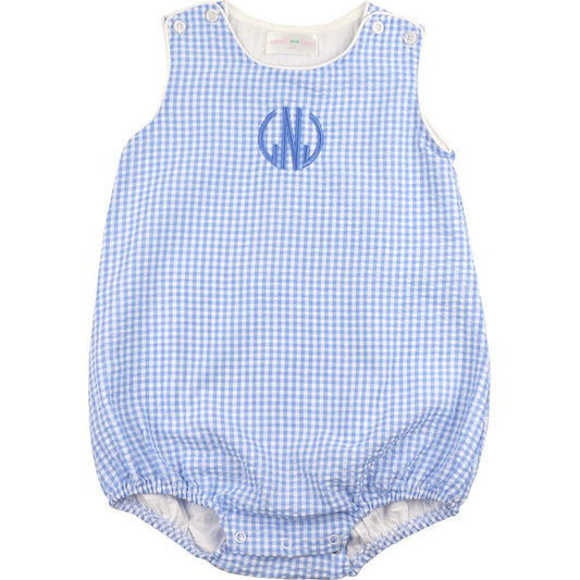 Blue checkered baby romper with a monogram on a white background