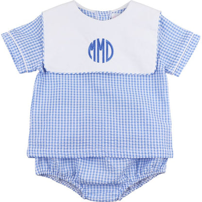 Blue checkered baby outfit with white bib and 'MMD' monogram on a white background