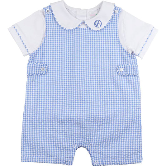 Blue checkered romper with white collar and sleeves on a white background