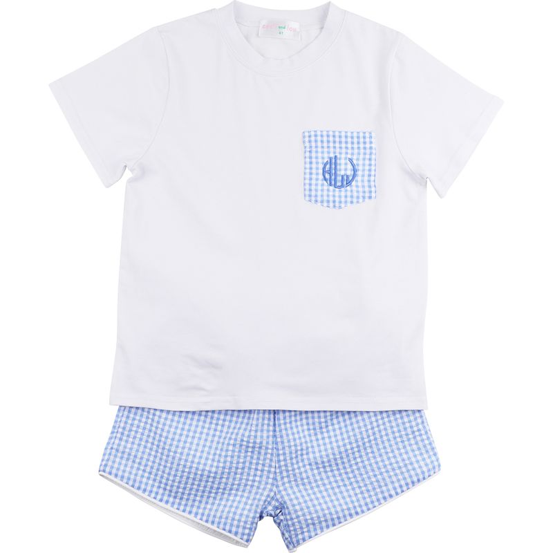 White t-shirt with blue checkered pocket and matching shorts on a white background