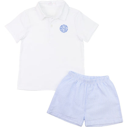 Blue Seersucker Polo Short Set