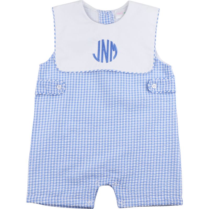 Blue checkered romper with white bib and monogram on a white background