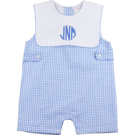 Blue checkered romper with white bib and monogram on a white background