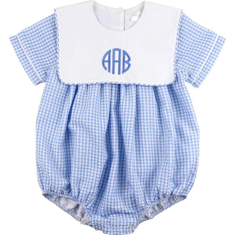 Blue gingham baby romper with white bib and blue monogram on a white background