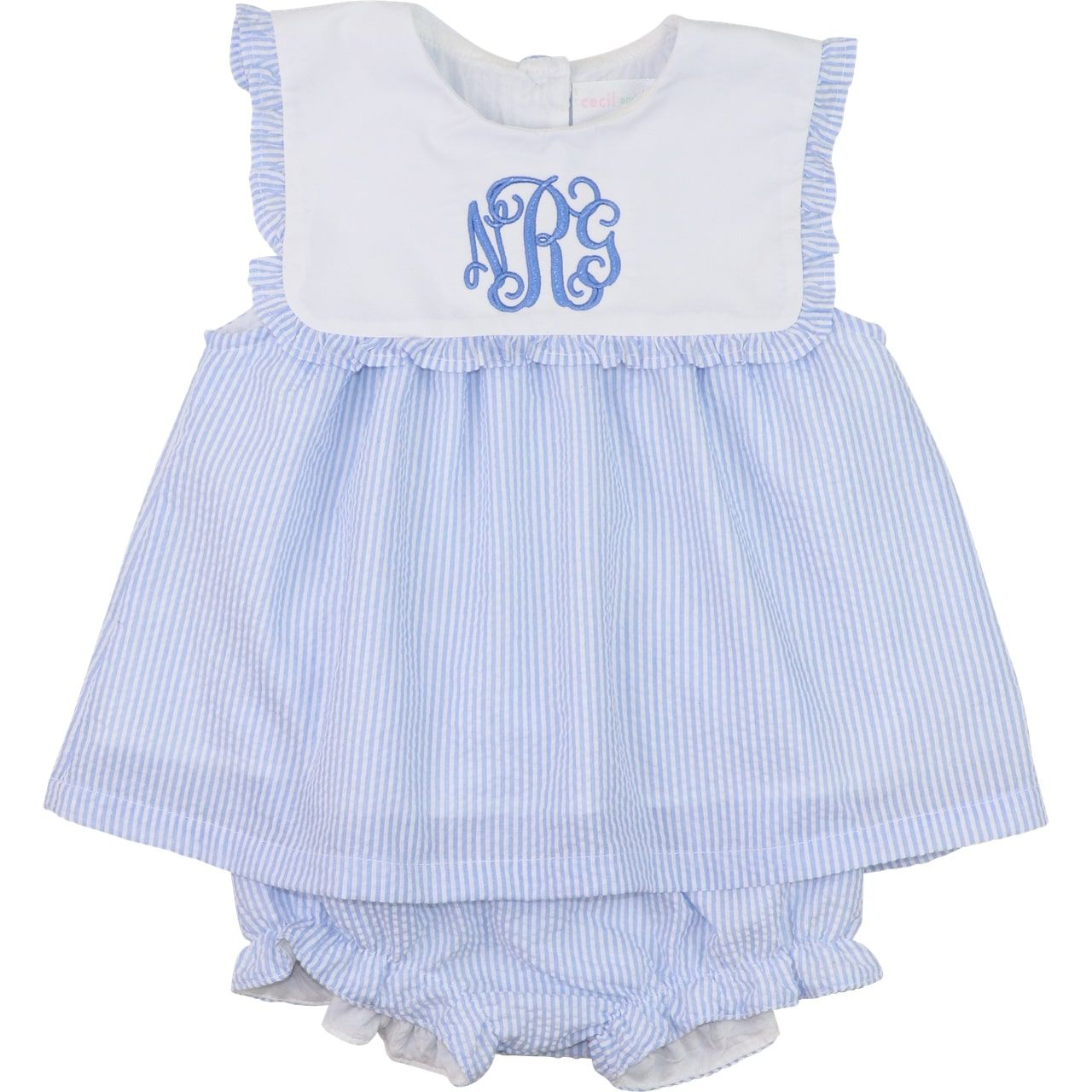 Blue Seersucker Square Collar Diaper Set