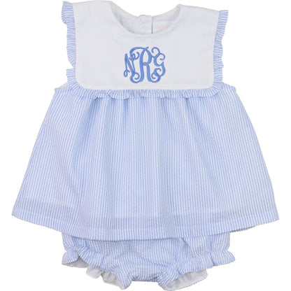 Blue Seersucker Square Collar Diaper Set